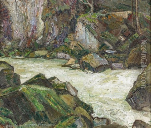Felsige Flusspartie Am Doubs Oil Painting - Charles L'Eplattenier
