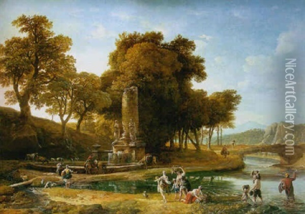 Grand Paysage A La Fontaine Et Aux Lavandieres Pres Reviere Oil Painting - Alexandre Jean Noel