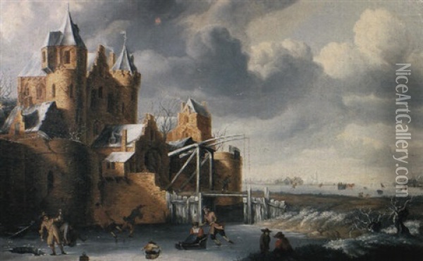 A Winter Landscape With Townsfolk Skating Outside A Walled Town Oil Painting - Nicolaes Molenaer