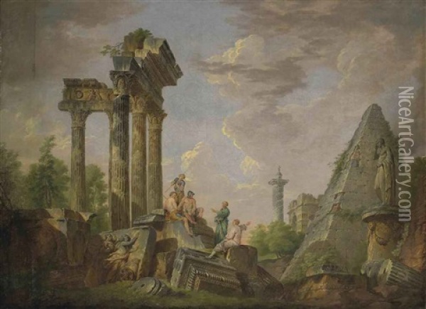 Capriccio Of Classical Ruins With The Pyramid Of Caius Cestius, Trajan's Column And Other Roman Monuments Oil Painting - Giovanni Paolo Panini