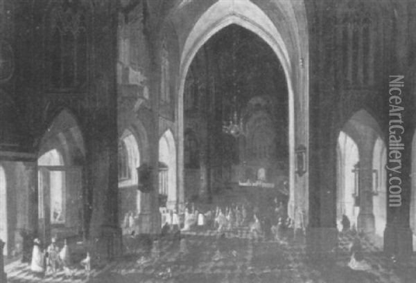 A Gothic Church Interior With A Religious Procession Oil Painting - Peeter Neeffs the Elder