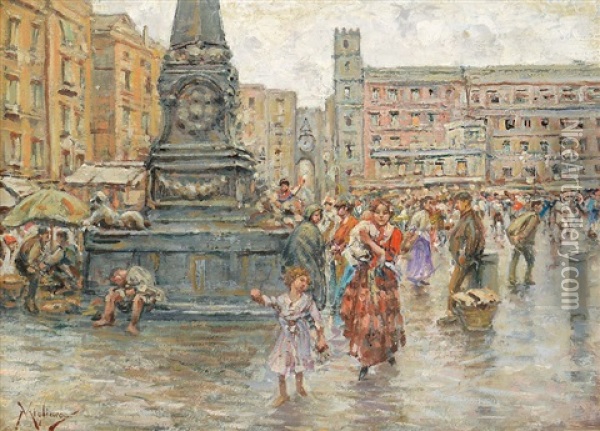 Piazza Del Mercato Oil Painting - Vincenzo Migliaro