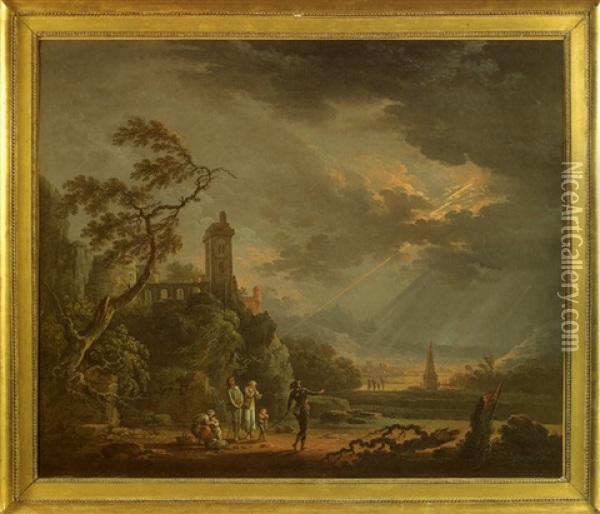 Promeneurs Et Pelerins De Saint Jacques Surpris Par L'orage Devant Un Paysage Panoramique Oil Painting - Jean Baptiste Lallemand