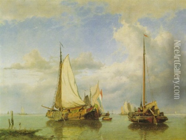 Frachtensegler Und Ausfahrende Kustenfischer In Einer Flusmundung An Der Hollandischen Kuste Oil Painting - Willem Anthonie van Deventer