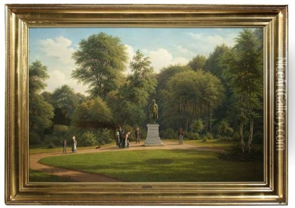 Spazierganger Im Park Bewundern Das Standbild Des Danischen Konzeilsprasidenten Und Ministers Adam Wilhelm Moltke Oil Painting - Frederik Christian Jacobsen Kiaerskou