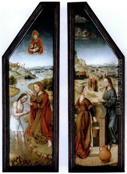 The Wings Of A Triptych: The Baptism Of Christ; And Christ And The Woman Of Samaria (pair In Collab. With Studio) Oil Painting - Aelbrecht Bouts