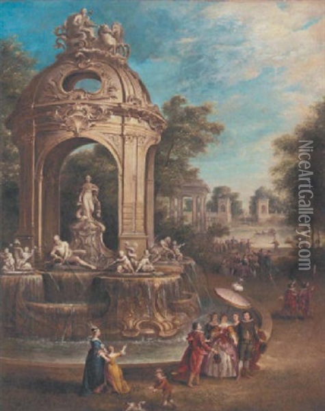 Elegant Company By A Baroque Fountain In An Italianate Garden, An Ornamental Lake Beyond Oil Painting - Pierre Patel