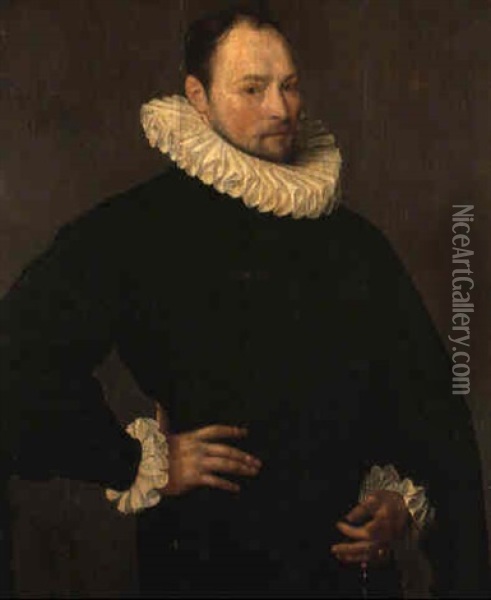 Portrait Of A Gentleman, Aged 33, Wearing A Black Costume With Lace Cuffs Oil Painting - Hermann van der Mast