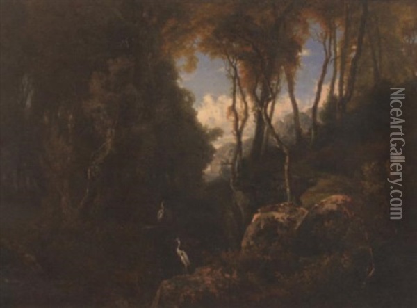 Barbizon Landscape With Two Herons, 1853 Oil Painting - Jean Pierre Francois Lamoriniere