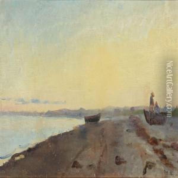 Coastal Scenery With Fishermen And Boats On The Beach Oil Painting - Michael Ancher