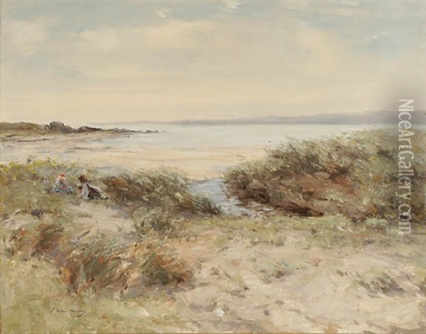Children Playing Along A Windswept Shoreline Oil Painting - Joseph Morris Henderson