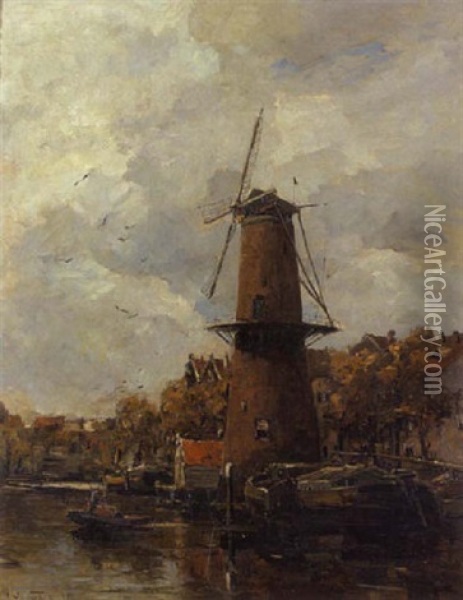 Alte Windmuhle Am Flussufer Oil Painting - Leonhard Sandrock