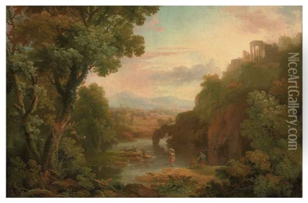 A Classical Landscape With Fishermen And A Washerwoman, A Hilltop Villa And Mountains Beyond Oil Painting - George Barrett Jr.