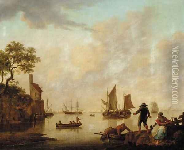 An extensive river landscape with peasants mooring a boat and ships beyond Oil Painting - Willem Kett