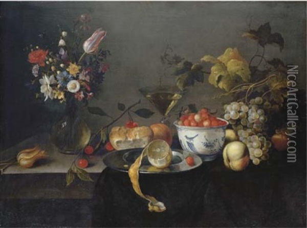 A Tulip, A Carnation, An Iris And Other Flowers In A Glass Vase, Wild Strawberries In A Wan-li Kraak Porcelain Bowl, A Partly-peeled Lemon On A Pewter Platter With Cherries, An Orange And A Wine Glass Oil Painting - Michiel Simons