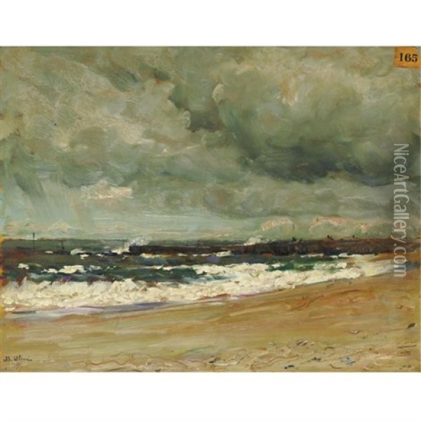 Storm Clouds Over A Jetty Oil Painting - Jean Baptiste Olive