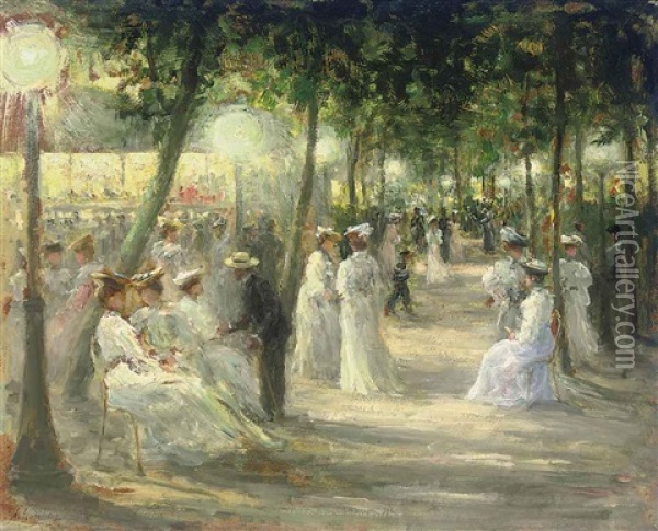 Une Soiree D'ete Au Champs Elysees Oil Painting - Auguste Nobillet