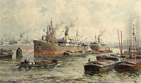 Ships In The Rotterdam Harbour Oil Painting - Gerard Delfgaauw