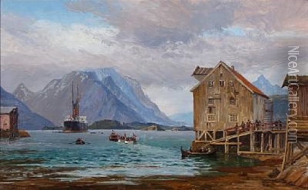 Ships And Houses At Digermulen In Raftsundet, Norway Oil Painting - Vilhelm Karl Ferdinand Arnesen