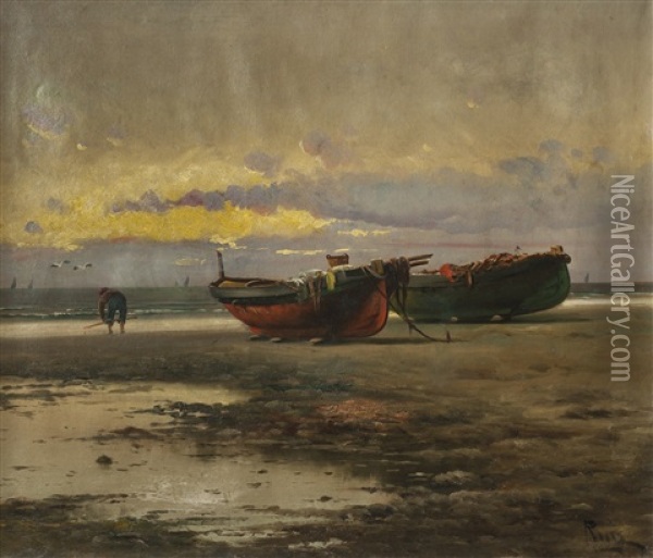 Atardecer Con Barcas Oil Painting - Enrique Martinez Cubells y Ruiz