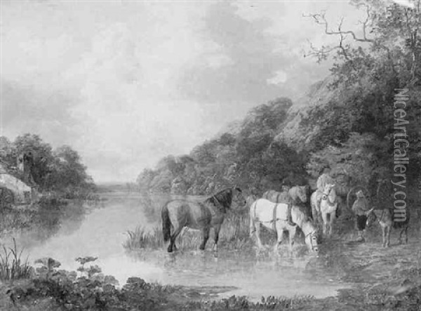 Horses Drinking Along The River Oil Painting - John Dearman