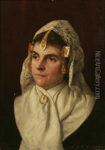 Portrait Of A 19th C. Woman In Fancy Lace And Gold Head Covering Oil Painting - William J. McCloskey