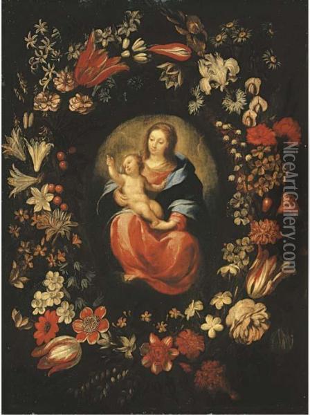 A Garland Of Tulips, Lilies, 
Carnations And Other Flowers Surrounding A Medallion Of The Virgin And 
Child Oil Painting - Carlo Francesco Nuvolone
