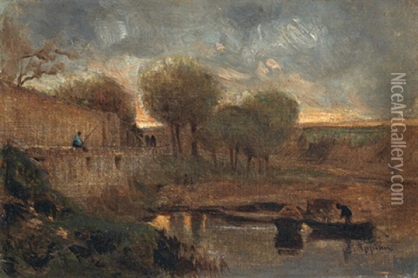 Flussuferpartie Mit Angler Auf Einer Mauer Oil Painting - Adolphe Appian
