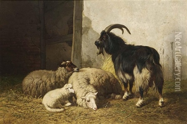 Sheep And A Goat In A Stable Oil Painting - Louis Robbe