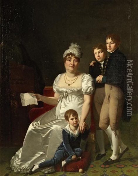 Portrait Of Madame B., Nee Etiennette Delagrange, With Her Children Oil Painting - Jacques Antoine Vallin