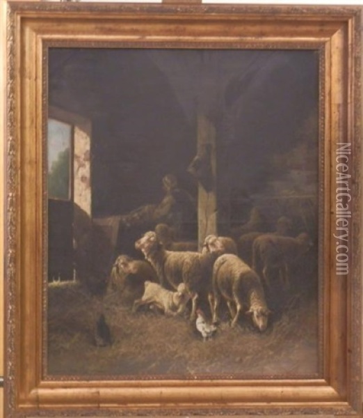 Moutons A L'etable Oil Painting - Jules Bahieu