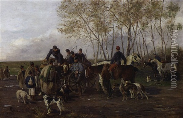 Osterreichische Soldaten Auf Einem Jagdausflug, Mit Einem Pferdewagen Und Windhunden, Im Gesprach Mit Ungarn Oil Painting - Mariano Alonso Perez