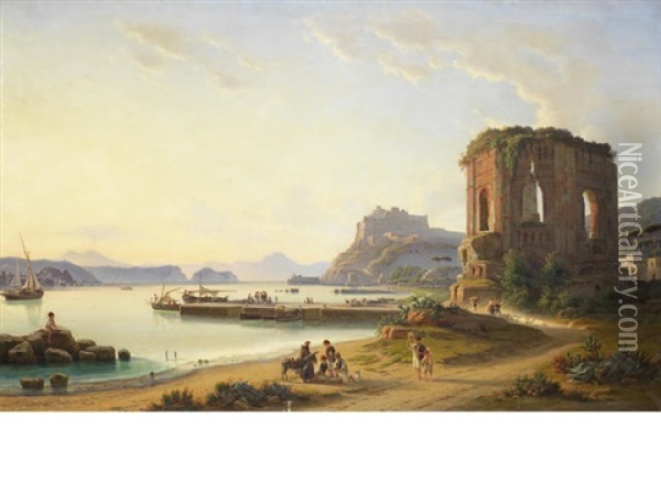 View Across The Golfo Di Pozzuolo With The Old Harbour And Castle Oil Painting - Edmund Hottenroth