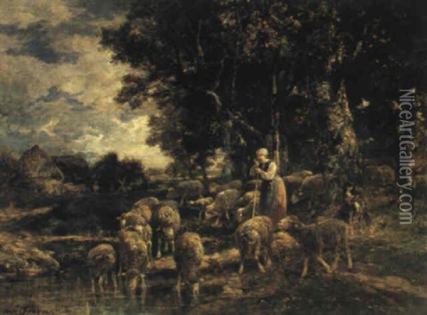 Bergere Gardant Une Troupe De Moutons Oil Painting - Charles Emile Jacque