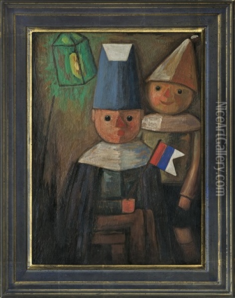 Children With Lanterns And Flag Oil Painting - Tadeusz (Tade) Makowski