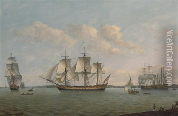 The East Indiaman "king George," In Three Positions On The Thames, Outward-bound On Her Maiden Voyage Passing Greenwich Oil Painting - Thomas Luny