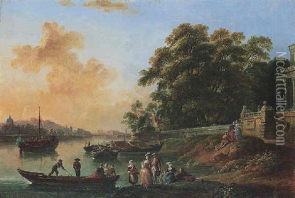 A View (the River Seine?) With The Cathedral Of Notre-dame Beyond, With Elegant Figures At Leisure And A Palace Nearby Oil Painting - Jean Baptiste Lallemand