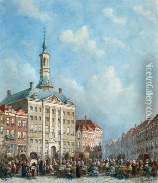 Vele Figuren Op Het Zonnige Marktplein Voor Het Stadhuis Van ?s-hertogenbosch Oil Painting - Pieter Gerard Vertin