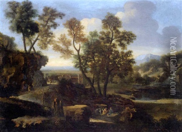 A River Landscape With An Angler, A Shepherd And Other Figures Oil Painting - Francisque Millet