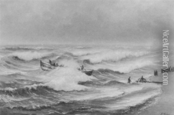 Launching A Lifeboat Oil Painting - Edward Henry Eugene Fletcher