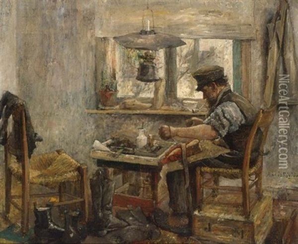 A Cobbler At Work Oil Painting - Adriaan de la Riviere