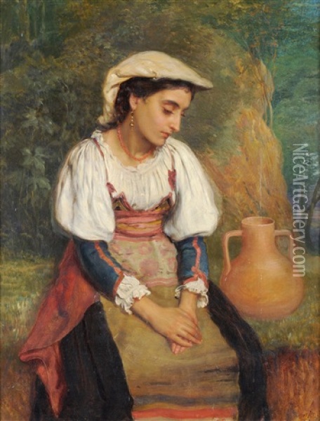 Waiting, Spanish Girl Seated Beside A Well Oil Painting - John Bagnold Burgess