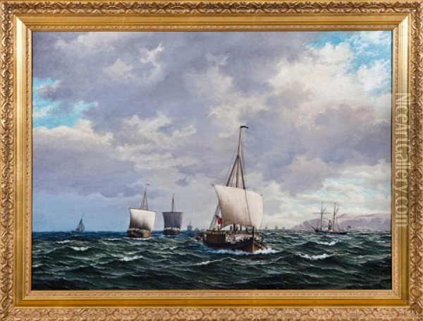 Frakteskuter Og Dampskip I Rom Sjo Oil Painting - Frederik Sorvig