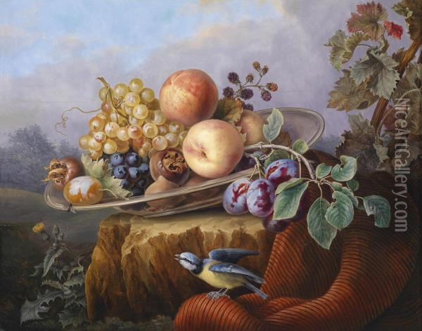 Still Life With Fruit And A Bird Oil Painting - Carl Gruber