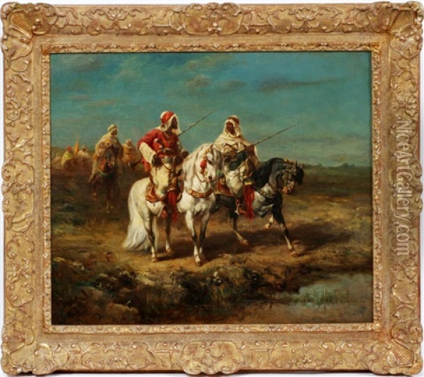Arab Horsemen On Patrol In A Middle-eastern Landscape Oil Painting - Adolf Schreyer