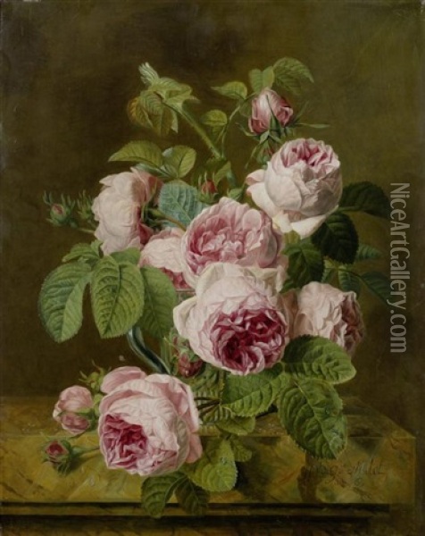 Stillleben Mit Rosen In Einer Glasvase Auf Einer Marmorplatte Oil Painting - Iphigenie Decaux