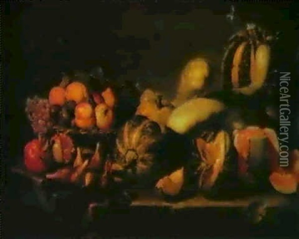 Naturaleza Muerta Con Canastilla De Frutas, Melones Y       Calabazas Sobre Un Plinto De Piedra Oil Painting -  Caravaggio