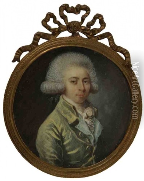 Homme En Elegante Veste Moiree Vert Anis Gansee De Bleu Et Gilet Bleu A Revers Brodes Oil Painting - Pierre-Etienne Le Gay