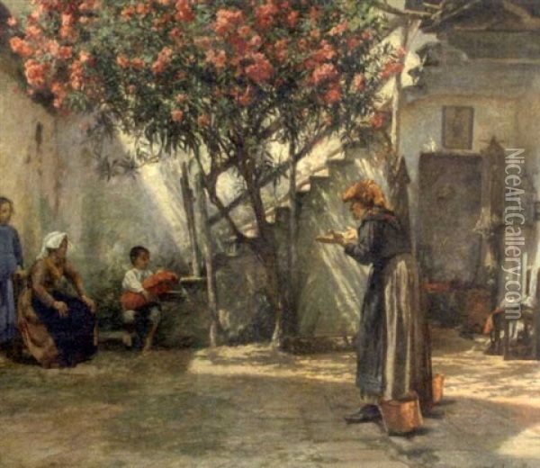 An Old Woman Admonishing A Young Woman And Children In A Courtyard Oil Painting - Cilius (Johannes Konrad) Andersen