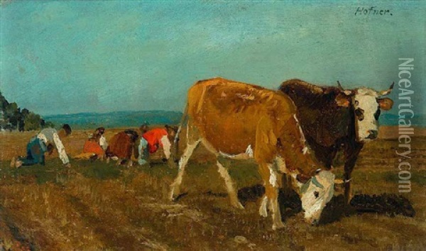 Kuhe Und Bauern Auf Dem Feld Oil Painting - Johann Baptist Hofner